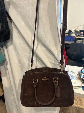 Coach Dark Brown Croc-Embossed Suede Satchel
